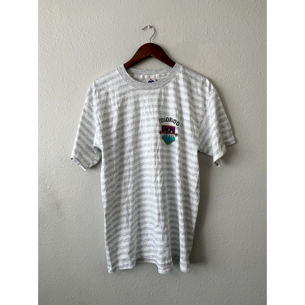 Vintage Colorado Gray Striped Shirt Tee Miller White  CO T-Shirt 1993 VTG 90s L